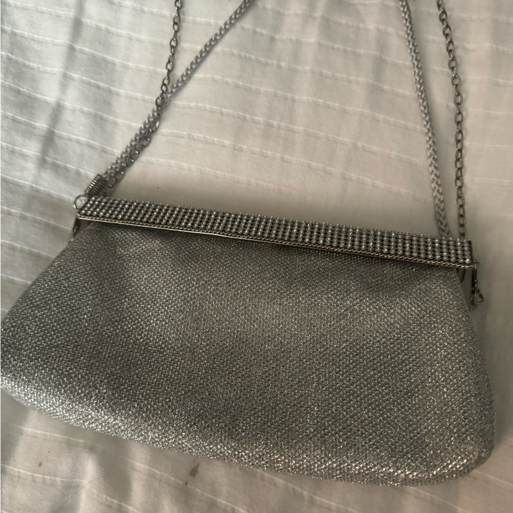 Nina Silver Glitter Clutch Evening Bag Wedding Formal Chain Strap - Picture 5 of 9